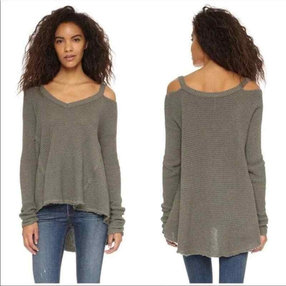 Free People Moonshine V-neck Thermal Cold Shoulder Sweater Olive Small